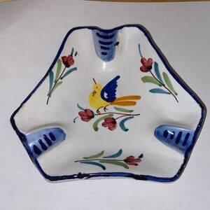Vintage Italian ashtray hand painted flowers bird blue ceramic made in Italy